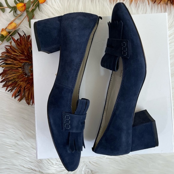 Boden Victoria Block Heel Kiltie Blue Suede Loafers/Pumps, EUC - Picture 3 of 15